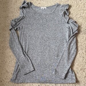 Pleione Heather Gray Ruffle Cold Shoulder long sleeve sweater. Made in USA.